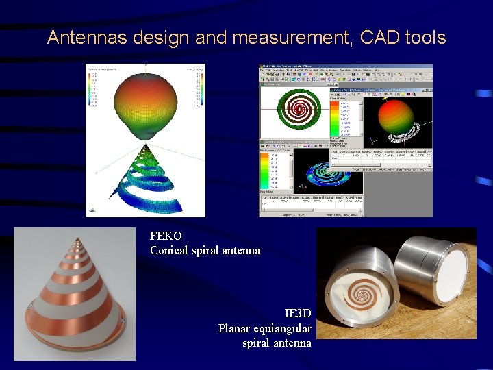 Antennas design and measurement, CAD tools FEKO Conical spiral antenna IE 3 D Planar Antennas design and measurement, CAD tools FEKO Conical spiral antenna IE 3 D Planar