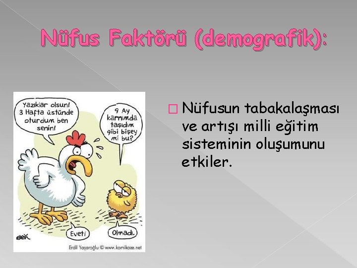 Nüfus Faktörü (demografik): � Nüfusun tabakalaşması ve artışı milli eğitim sisteminin oluşumunu etkiler. 