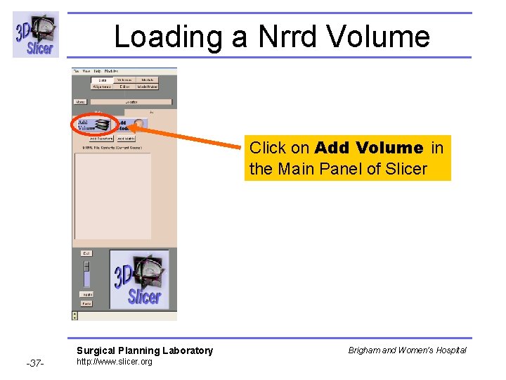 Loading a Nrrd Volume Click on Add Volume in the Main Panel of Slicer