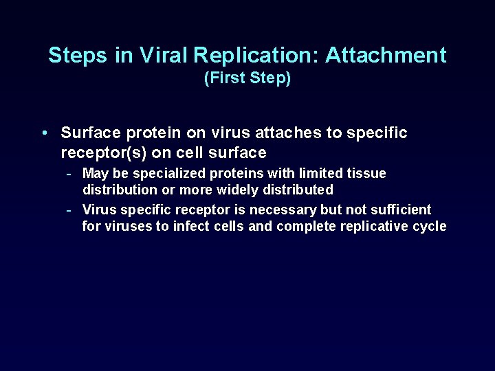 Steps in Viral Replication: Attachment (First Step) • Surface protein on virus attaches to