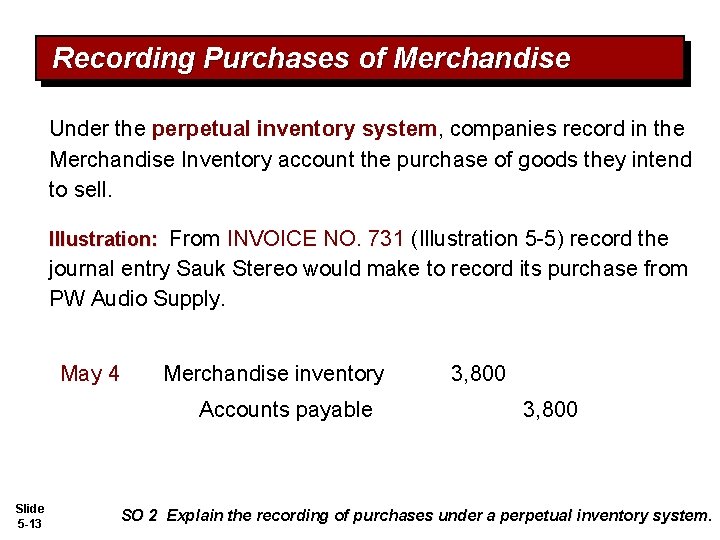 Recording Purchases of Merchandise Under the perpetual inventory system, companies record in the Merchandise