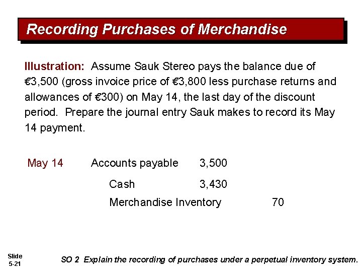 Recording Purchases of Merchandise Illustration: Assume Sauk Stereo pays the balance due of €
