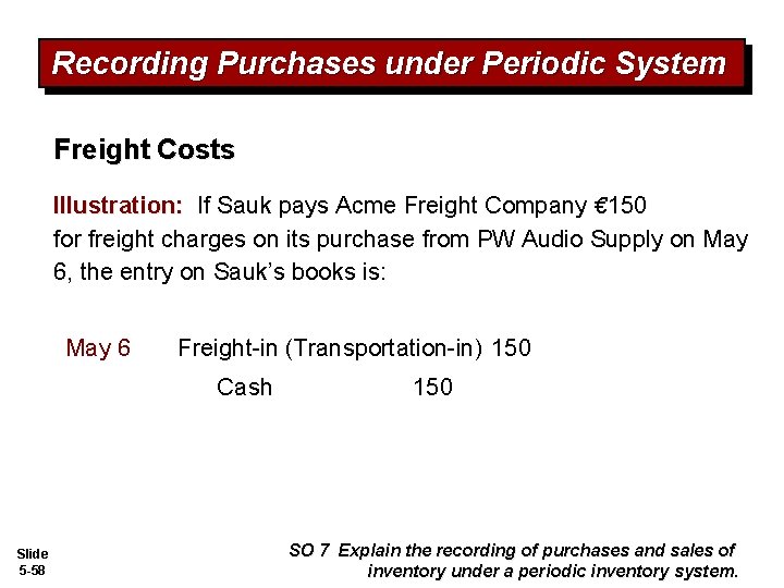 Recording Purchases under Periodic System Freight Costs Illustration: If Sauk pays Acme Freight Company