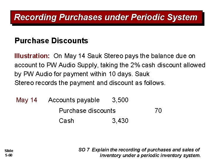 Recording Purchases under Periodic System Purchase Discounts Illustration: On May 14 Sauk Stereo pays