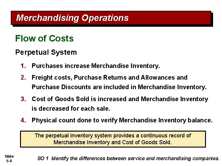 Merchandising Operations Flow of Costs Perpetual System 1. Purchases increase Merchandise Inventory. 2. Freight