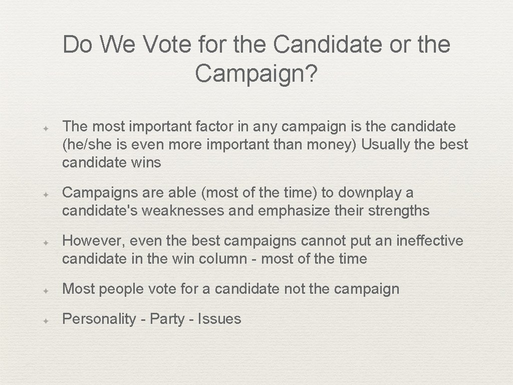 Do We Vote for the Candidate or the Campaign? ✦ ✦ ✦ The most