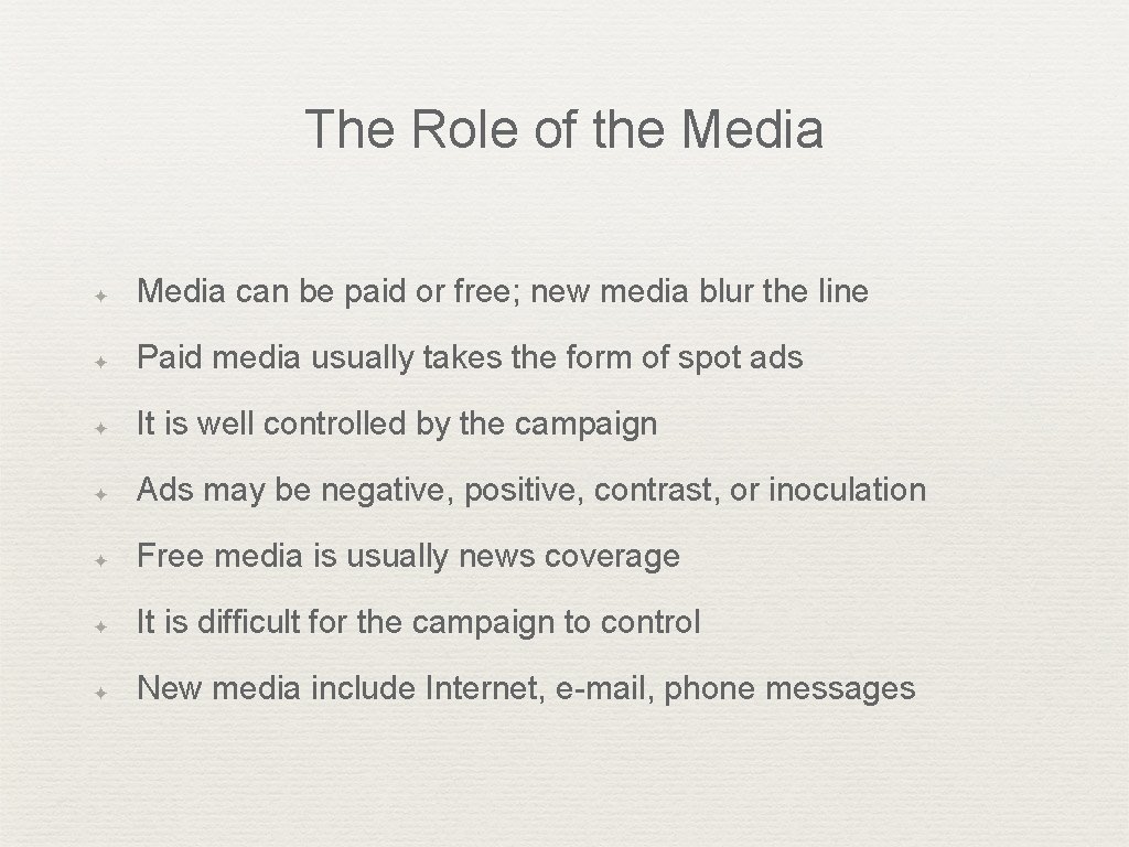 The Role of the Media ✦ Media can be paid or free; new media