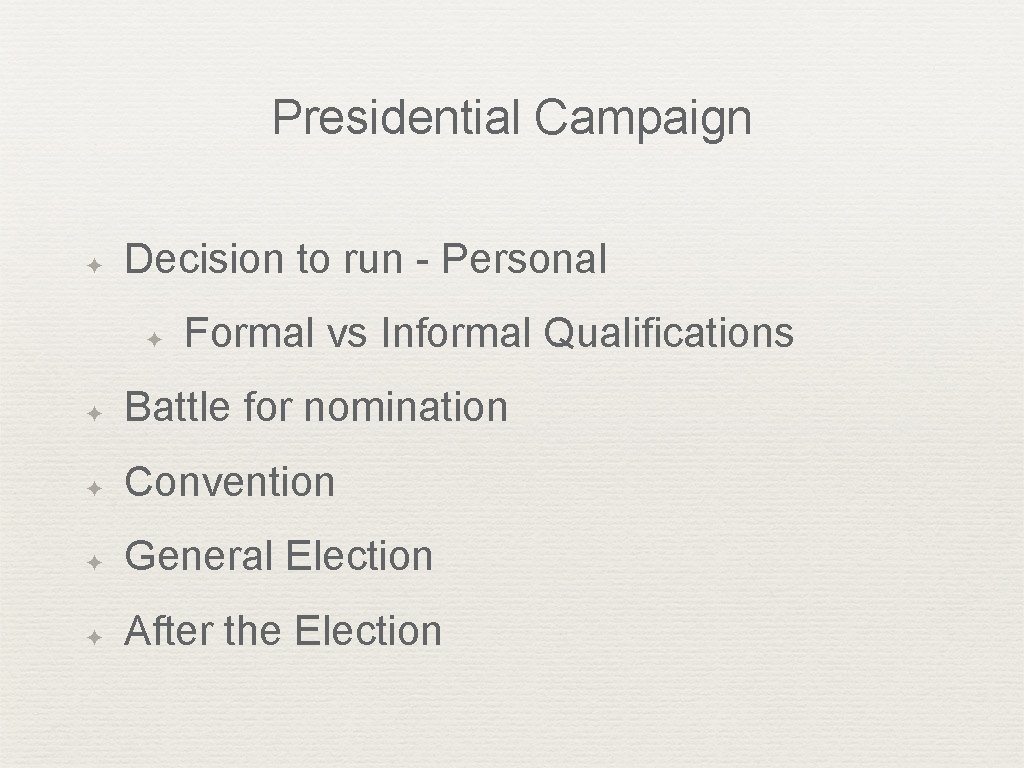 Presidential Campaign ✦ Decision to run - Personal ✦ Formal vs Informal Qualifications ✦