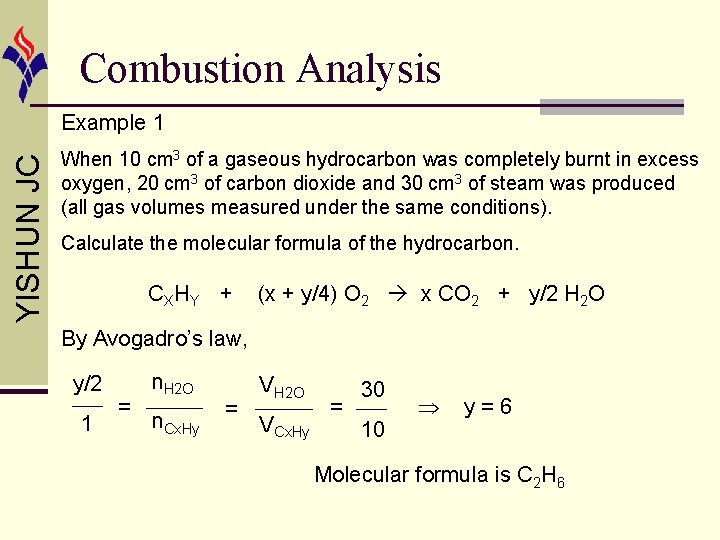 Combustion Analysis YISHUN JC Example 1 When 10 cm 3 of a gaseous hydrocarbon