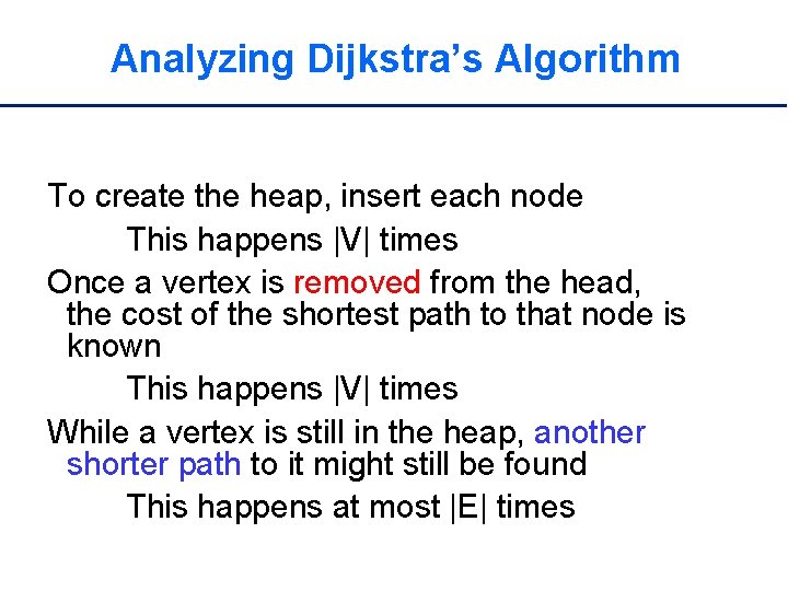 Analyzing Dijkstra’s Algorithm To create the heap, insert each node This happens |V| times