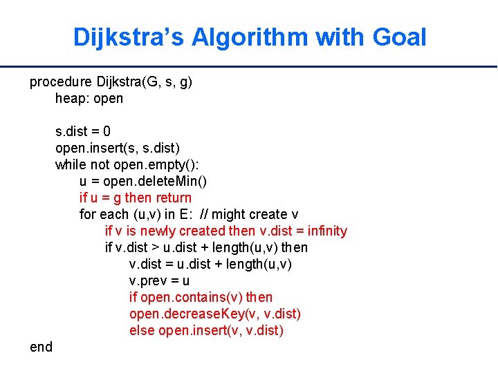 Dijkstra’s Algorithm with Goal procedure Dijkstra(G, s, g) heap: open s. dist = 0