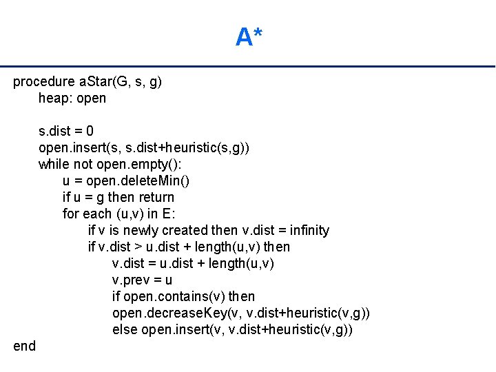 A* procedure a. Star(G, s, g) heap: open s. dist = 0 open. insert(s,