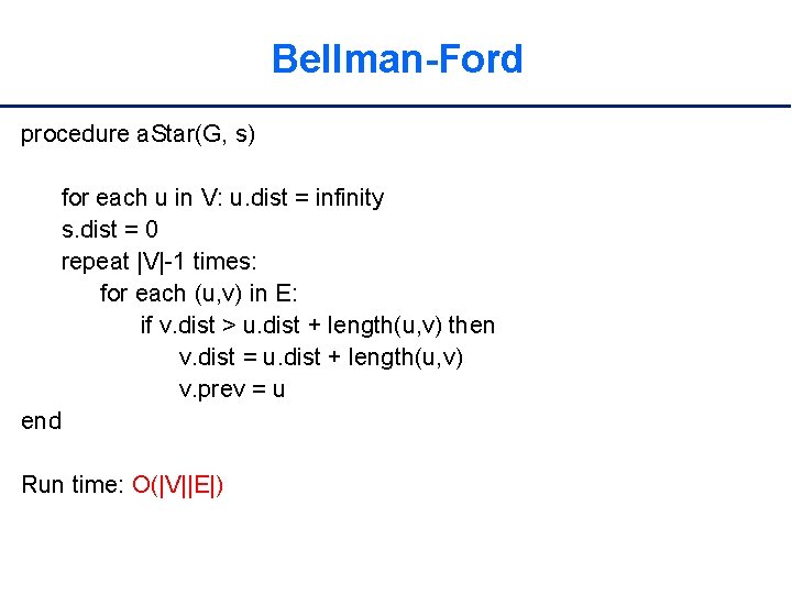 Bellman-Ford procedure a. Star(G, s) for each u in V: u. dist = infinity