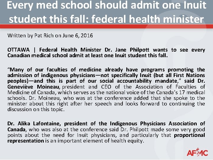 Every med school should admit one Inuit student this fall: federal health minister Written