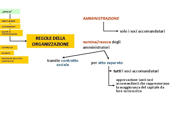 „GRIGLIA“ AMMINISTRAZIONE COSTITUZIONE CONFERIMENTI QUOTE DI PARTECIPAZIONE CONTROLLO solo i soci accomandatari REGOLE DELLA