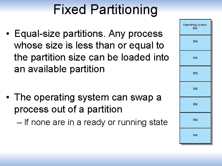 Fixed Partitioning • Equal-size partitions. Any process whose size is less than or equal