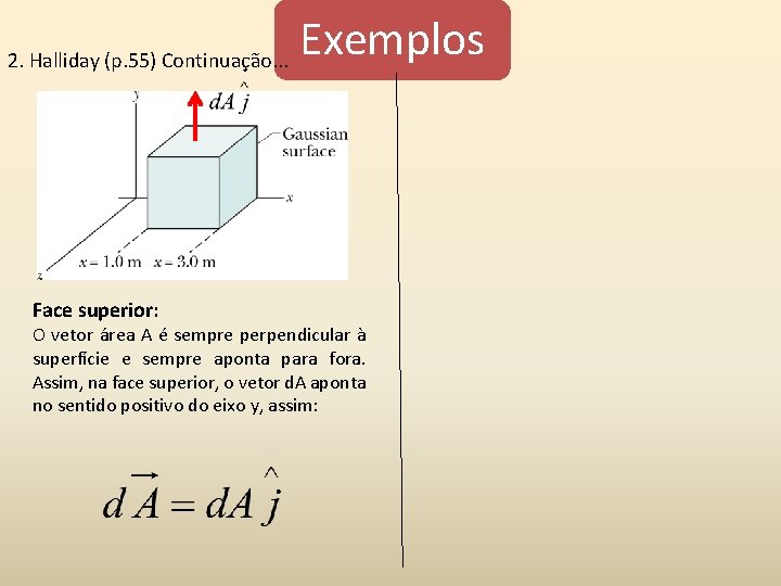 2. Halliday (p. 55) Continuação. . . Face superior: Exemplos O vetor área A 2. Halliday (p. 55) Continuação. . . Face superior: Exemplos O vetor área A