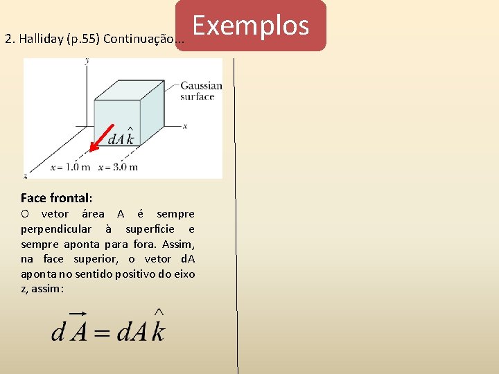 2. Halliday (p. 55) Continuação. . . Face frontal: Exemplos O vetor área A 2. Halliday (p. 55) Continuação. . . Face frontal: Exemplos O vetor área A
