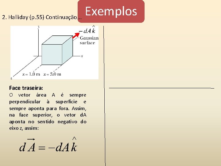 2. Halliday (p. 55) Continuação. . . Face traseira: Exemplos O vetor área A 2. Halliday (p. 55) Continuação. . . Face traseira: Exemplos O vetor área A