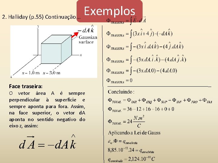 2. Halliday (p. 55) Continuação. . . Face traseira: Exemplos O vetor área A 2. Halliday (p. 55) Continuação. . . Face traseira: Exemplos O vetor área A