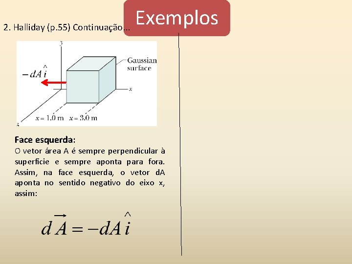 2. Halliday (p. 55) Continuação. . . Face esquerda: Exemplos O vetor área A 2. Halliday (p. 55) Continuação. . . Face esquerda: Exemplos O vetor área A