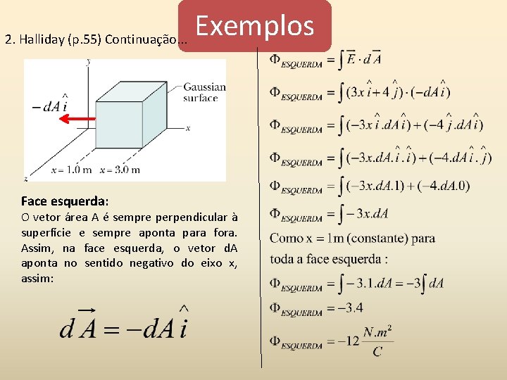 2. Halliday (p. 55) Continuação. . . Face esquerda: Exemplos O vetor área A 2. Halliday (p. 55) Continuação. . . Face esquerda: Exemplos O vetor área A