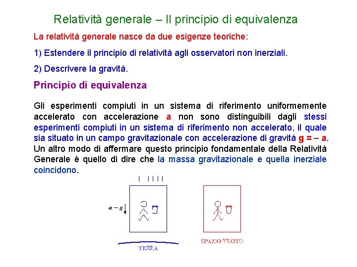 Relatività generale – Il principio di equivalenza La relatività generale nasce da due esigenze
