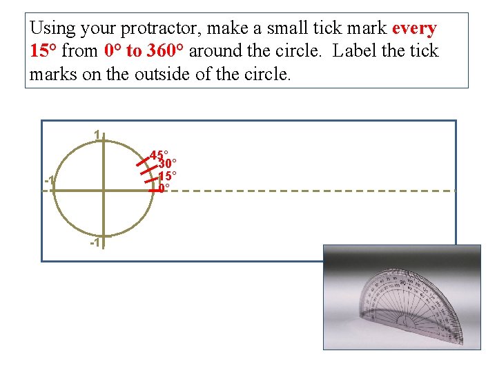 Using your protractor, make a small tick mark every 15° from 0° to 360°