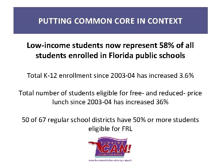 PUTTING COMMON CORE IN CONTEXT Low-income students now represent 58% of all students enrolled