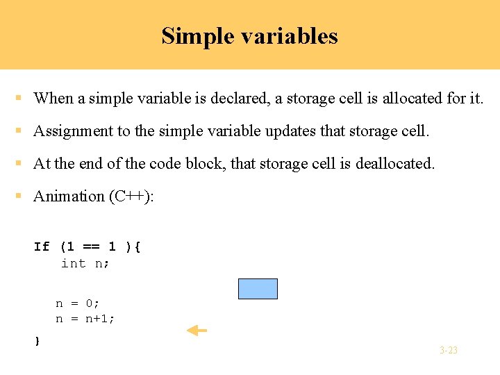 Simple variables § When a simple variable is declared, a storage cell is allocated