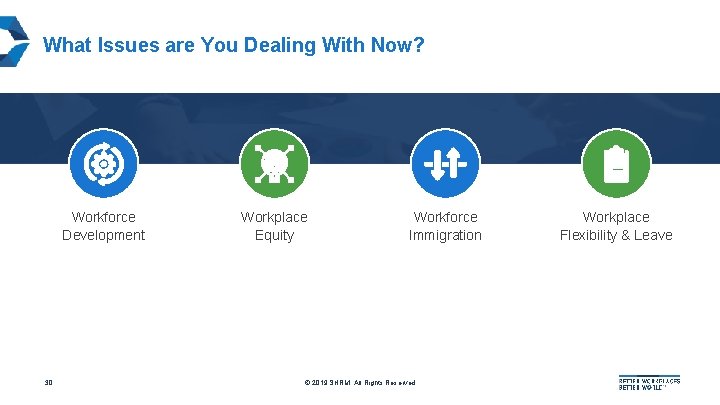 What Issues are You Dealing With Now? Workforce Development 30 Workplace Equity Workforce Immigration