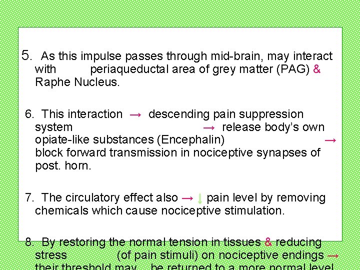 5. As this impulse passes through mid-brain, may interact with periaqueductal area of grey
