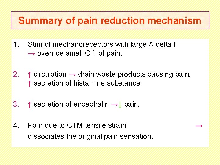 Summary of pain reduction mechanism 1. Stim of mechanoreceptors with large A delta f