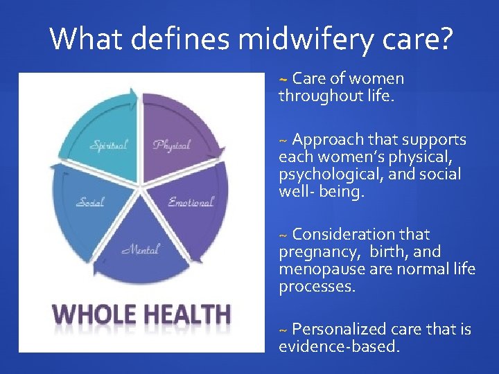 What defines midwifery care? ~ Care of women throughout life. ~ Approach that supports