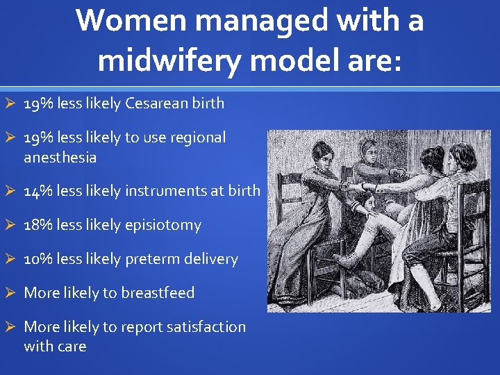 Women managed with a midwifery model are: Ø 19% less likely Cesarean birth Ø