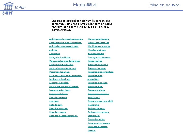 Media. Wiki Veille Les pages spéciales facilitent la gestion des contenus. Certaines d’entre-elles sont