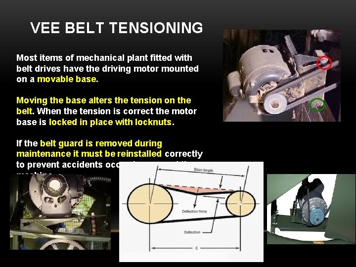 VEE BELT TENSIONING Most items of mechanical plant fitted with belt drives have the
