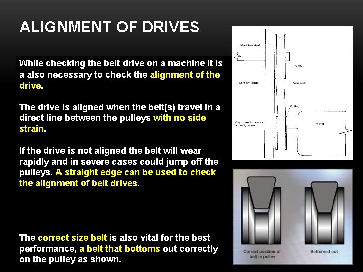 ALIGNMENT OF DRIVES While checking the belt drive on a machine it is a