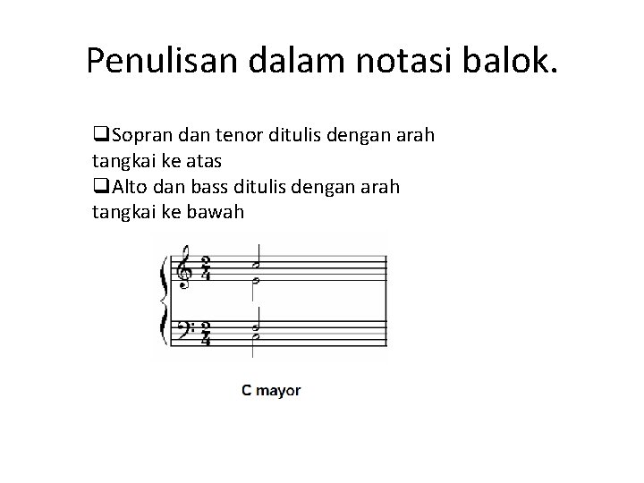 Penulisan dalam notasi balok. q. Sopran dan tenor ditulis dengan arah tangkai ke atas