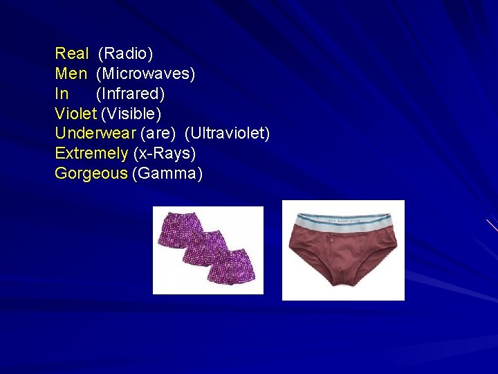 Real (Radio) Men (Microwaves) In (Infrared) Violet (Visible) Underwear (are) (Ultraviolet) Extremely (x-Rays) Gorgeous