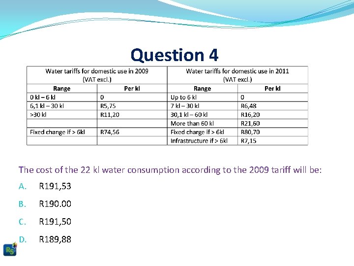 Question 4 The cost of the 22 kl water consumption according to the 2009