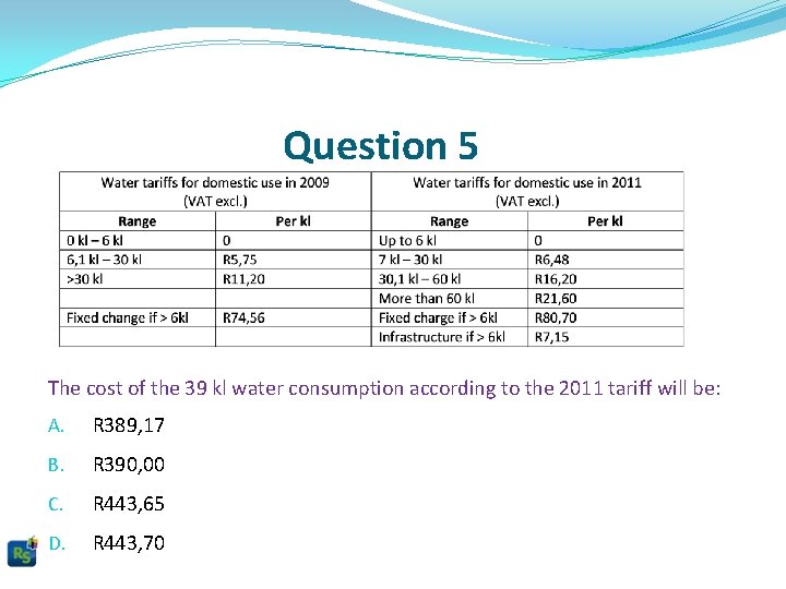 Question 5 The cost of the 39 kl water consumption according to the 2011