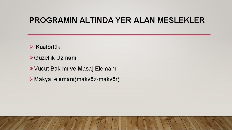 PROGRAMIN ALTINDA YER ALAN MESLEKLER Ø Kuaförlük ØGüzellik Uzmanı ØVücut Bakımı ve Masaj Elemanı
