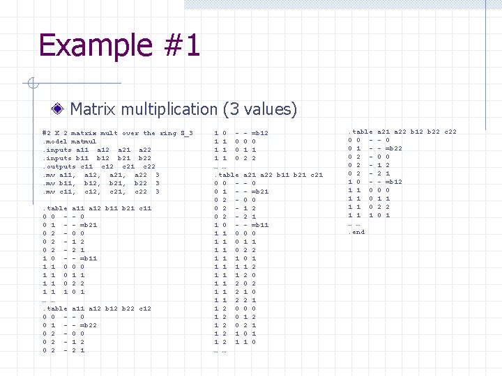 Example #1 Matrix multiplication (3 values) #2 X 2 matrix mult over the ring