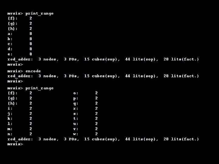 mvsis> print_range {f}: 2 {g}: 2 {h}: 2 a: 8 b: 8 c: 8