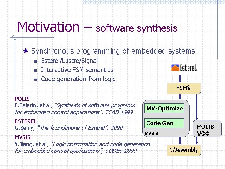 Motivation – software synthesis Synchronous programming of embedded systems n n n Esterel/Lustre/Signal Interactive