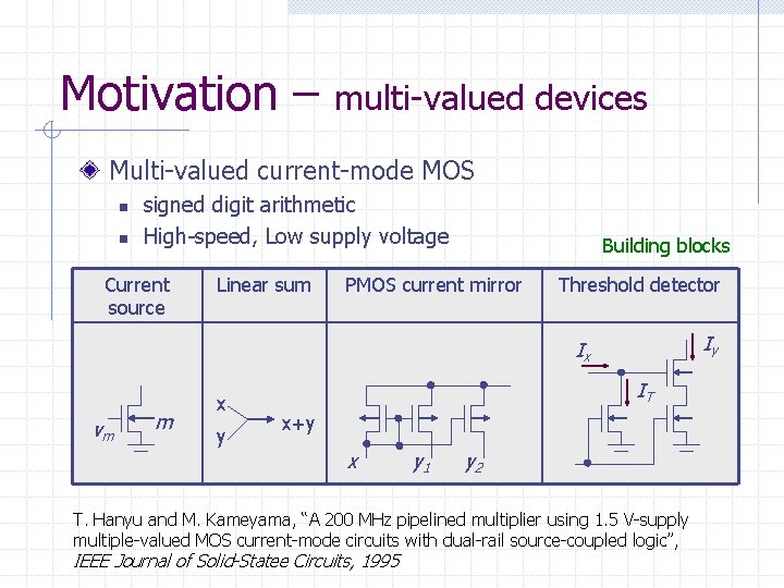 Motivation – multi-valued devices Multi-valued current-mode MOS n n signed digit arithmetic High-speed, Low