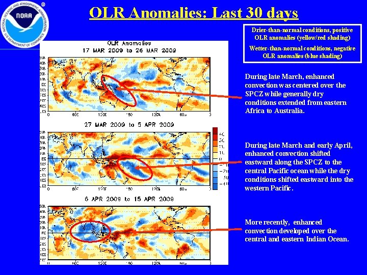 OLR Anomalies: Last 30 days Drier-than-normal conditions, positive OLR anomalies (yellow/red shading) Wetter-than-normal conditions,