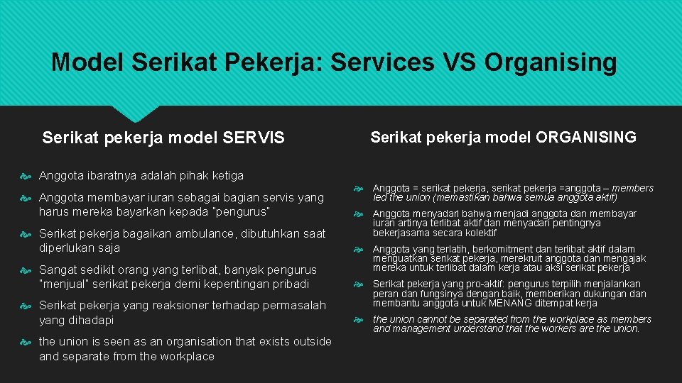 Model Serikat Pekerja: Services VS Organising Serikat pekerja model SERVIS Anggota ibaratnya adalah pihak