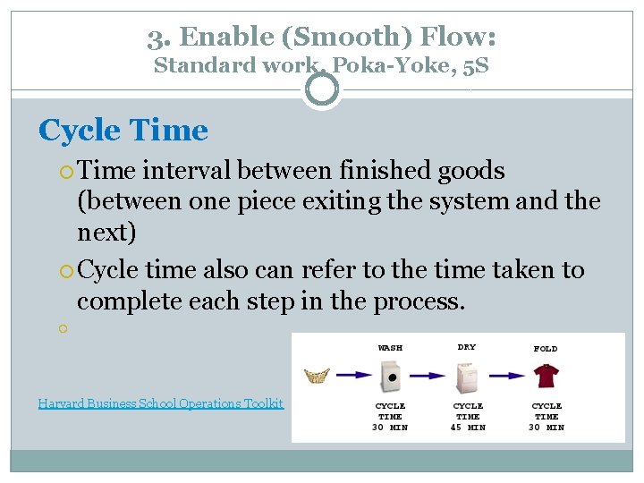 3. Enable (Smooth) Flow: Standard work, Poka-Yoke, 5 S Cycle Time interval between finished